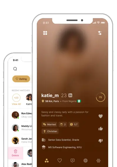 Elite Ndolo app showing a dating profile with a blurred photo beside the messages list