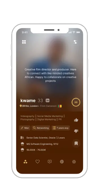 Elite Ndolo app showing a professional networking profile with a blurred photo