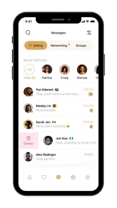 Elite Ndolo messages screen with dating, networking and group conversations
